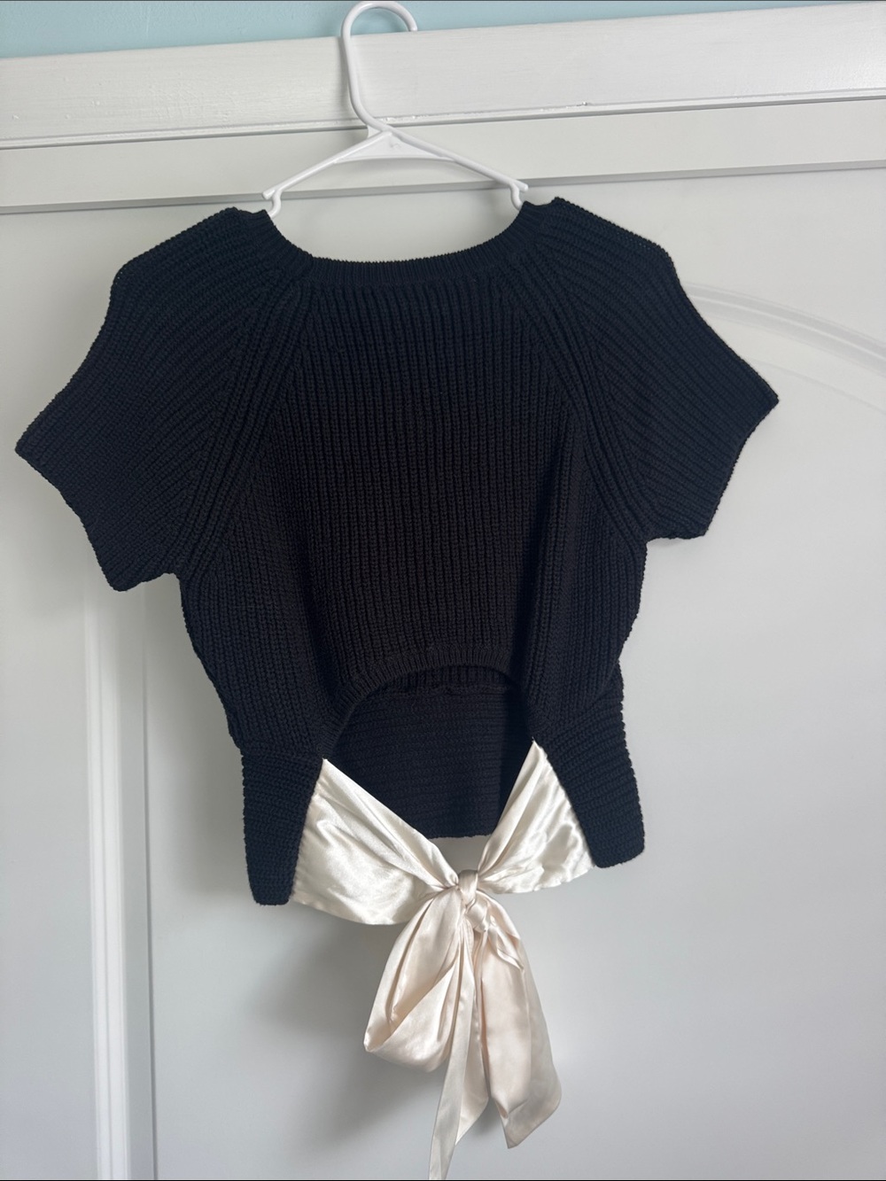 Le Lis Black Ribbed Short-Sleeve Crop Top with Cream Satin Back Tie - Picture 2 of 4